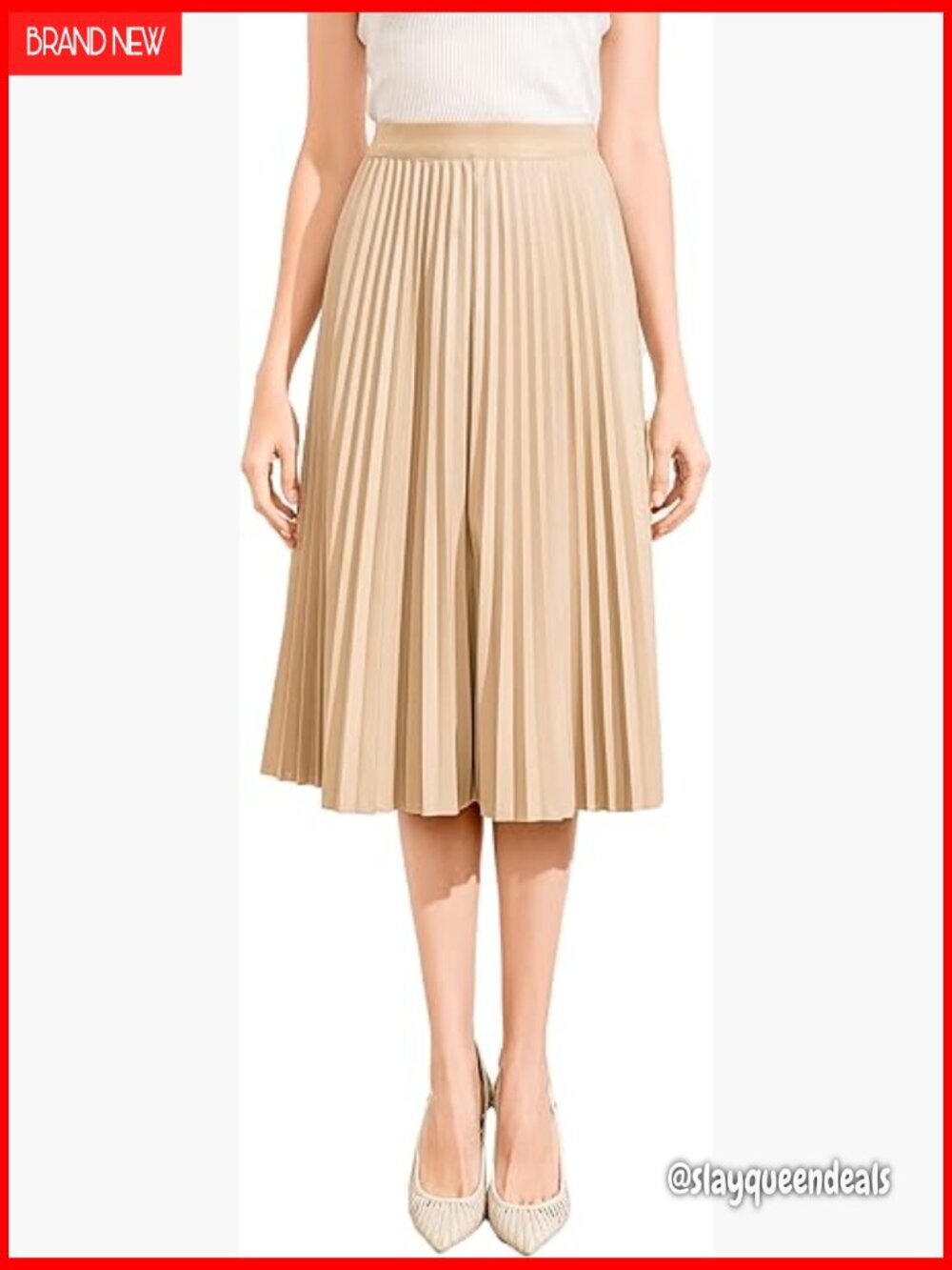 High-Waisted Pleated Leather Midi Skirt with Elastic Waist and Zipper Closure
